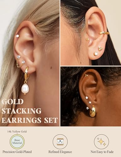 LOLIAS Flat Back Earrings for Women Hypoallergenic Surgical Steel Earrings for Sensitive Ears-20G Cartilage Earring Stacks 14K Gold Plated Hoops Flatback Stud Earring Sets for Multiple Piercing4