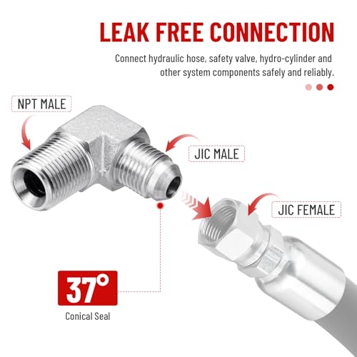 Image of 5 Pack 90 Degree Elbow Hydraulic Adapter Fittings: 3 /8 inch JIC Male x 3 /8 inch NPT Male, with Protection Cover Hydraulic Hose Crimp Connectors