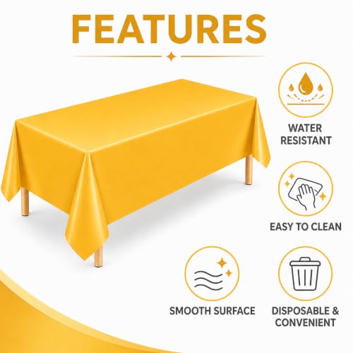 Image of 2 Pack Dark Yellow Plastic Tablecloths, 54 x 108 Inch Disposable Covers | Ideal for Birthdays, Baby Showers, Graduations and Fall Parties, Helping Protect Tabletops from Spills and Simplify Cleanup