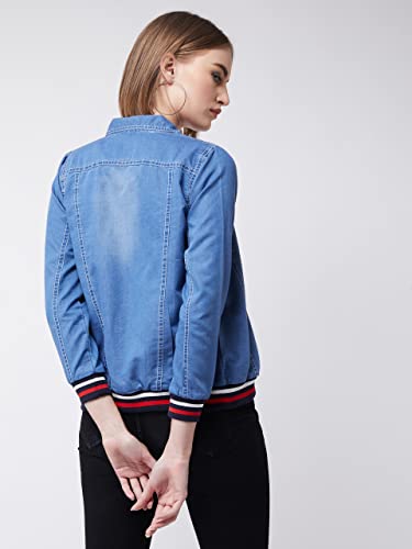 Image of Miss Chase Women's Polo Neck Full Sleeves Patch Pocket Denim Overcoat Knee-Length Jacket