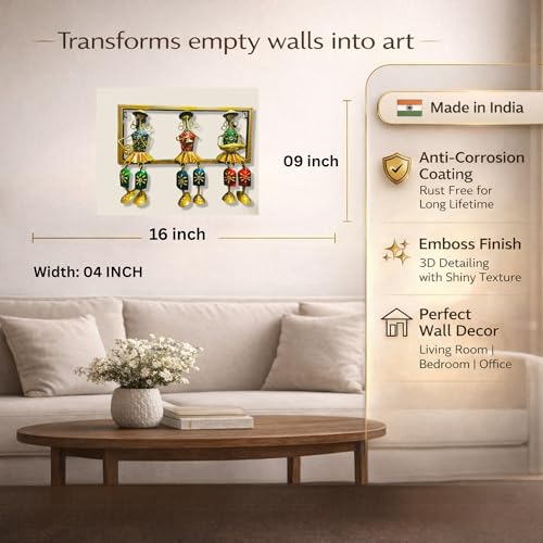 Image of Bharat Art Metal Iron 3 Cap Lady Musicnas Frame Figurinel Decorative Wall Art Decor for Home Bedroom Living room Office Cafe Decorative | Elegant Artistic Sculpture | Gift Item | 16x4x9 Inch | W295