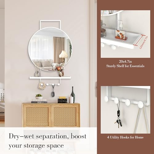 Image of BEAUTME Wall Mirror with Shelf and Hooks, 32x22 Inch Metal Framed Round Bathroom Mirrors with Shelf, Modern Farmhouse Wall Decor for Living Room Bedroom Entryway, Vertical (White)