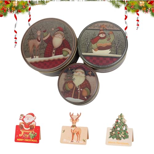 eupdd Caja de Hojalata Navideña, 3 Piezas Caja Galletas Metalica Redonda Vintage y 3 Tarjetas de Felicitación, para Almacenar Dulces, Galletas y Té (13.5x6cm/17x7.5cm/20x8cm)