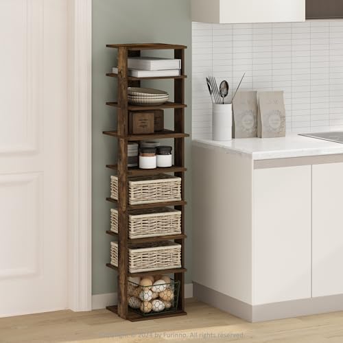 Image of Furinno Turn-N-Tube Corner Shelf, 9-Tier Display Rack, Vertical Corner Storage Rack, Space Saving Organization and Storage, Entryway, Living Room, Closet, Amber Pine