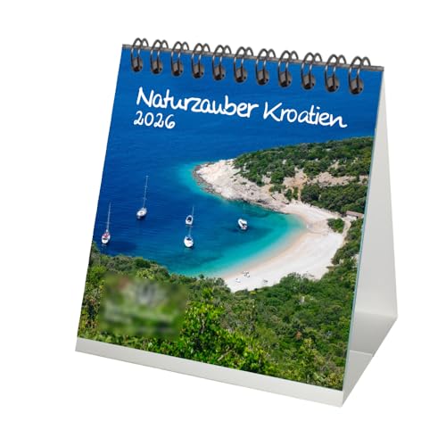 Naturmagi Kroatien bordskalender 10 cm x 10 cm för 2026 landskap segling strand semester – presentset innehåll: 1 x kalender, 1 x julhänge (totalt 2 delar)