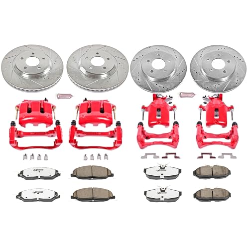 Image of PowerStop Front and Rear Brake & Caliper Kit for Ford Mustang 2005-10 - Drilled & Slotted Disc Rotors + Carbon-Fiber Ceramic Brake Pads + Red-Powder Coated Calipers, KC1381-26