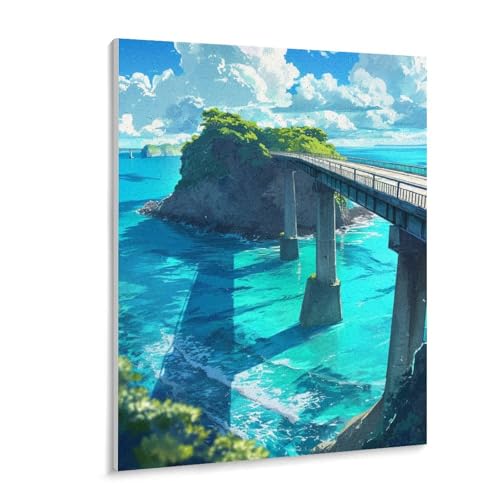 数字油絵 ラッセン 青い空と白い雲の下、青い海に架かる橋 デジタル油絵 数字キットによる絵画 DIY絵 手塗り 魅惑的な色彩の風景 夢のような光景 アニメイラストアート 数字キット塗り絵 壁飾り ホーム オフィス装飾 数字塗り絵 手工芸 初心者 大人 子供