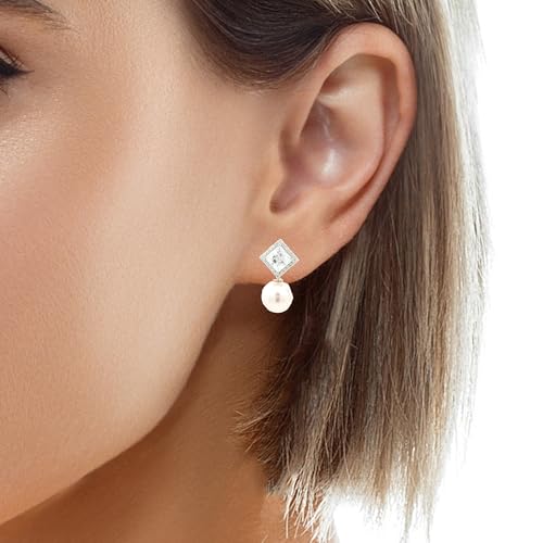 Image of 925 Sterling Silver Pearl Earrings for Women | Sterling Silver Pearl Stud Earrings | Hypoallergenic Rhodium Plated Anti-Tarnish Lightweight Daily Wear Jewellery | Office Wear | Gift for Wife, Girlfriend, Mother, Sister | Birthday, Anniversary, Rakhi