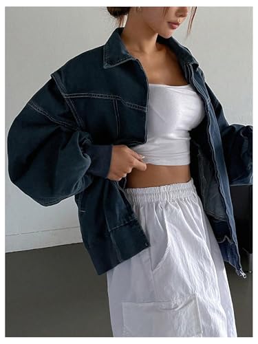 WDIRARA Women's Zip Up Denim Jacket Long Sleeve Oversized Jean Jacket Outerwear3