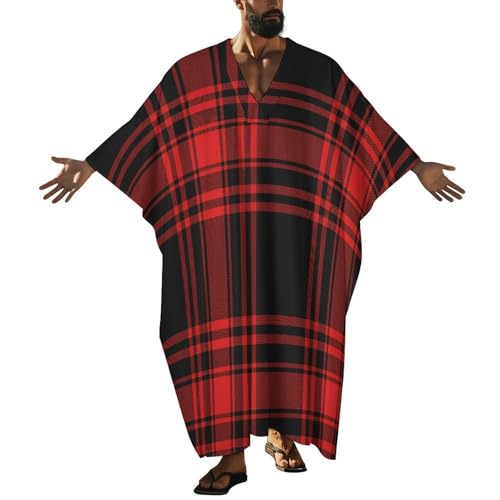 Christmas Red Black Tartan Check Pattern Men's V-neck Robe Middle East Arabian Robe Butterfly Sleeves Kaftan