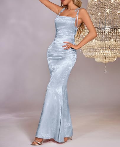 Image of GLNEGE Wedding Guest Maxi Prom Dress Lace Up Satin Formal Dresses for Women | Spaghetti Strap Cocktail Elegant Bridal Shower Wgute Dress Bodycon Mermaid Long Evening Black Tie Dresses for Women