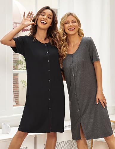 Ekouaer 2 Pack Nightgowns for Women Button Down Night Shirts Short Sleeve Sleep Shirts V Neck Sleepwear Pajama Dress2