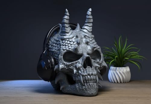 Image of Skull Headphone Stand Collection - 3D Printed Dragon, Cyborg & Scream Skull Headset Holders, Gothic & Fantasy Desk Accessories for Gaming and Office Setups, Durable PLA Display Stands (Matte Black, Dragon Skull Headphone Stand)