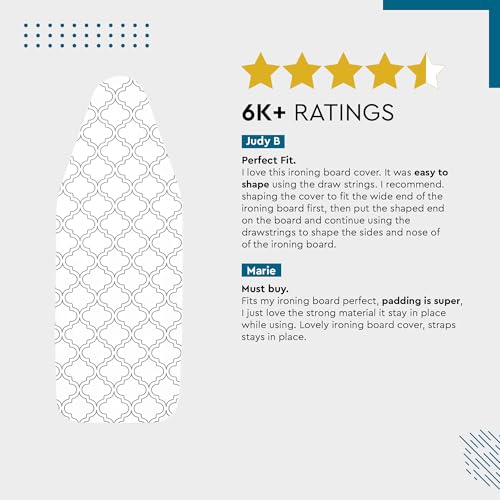 Image of Encasa XO Homes Ironing Board Cover With 3Mm Thick Felt Pad For Steam Press(Fits Standard Medium Boards Of 112X34 Cm)Heat Reflective,Scorch&Stain Resistant,Printed-White Tiles