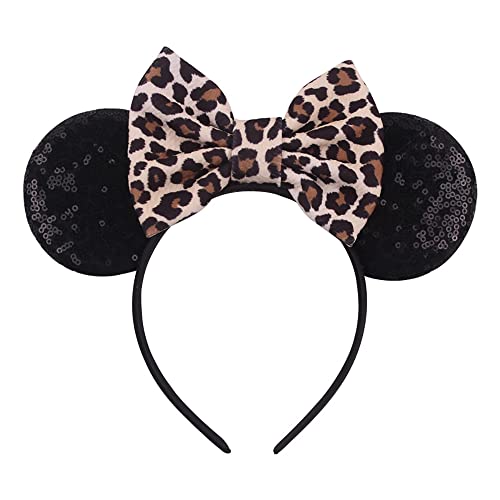 Mouse Ears Headbands Shiny Bows Mouse Ears Glitter Party Princess Decoration Cosplay Costume for Girls Women (Leopard print-1)