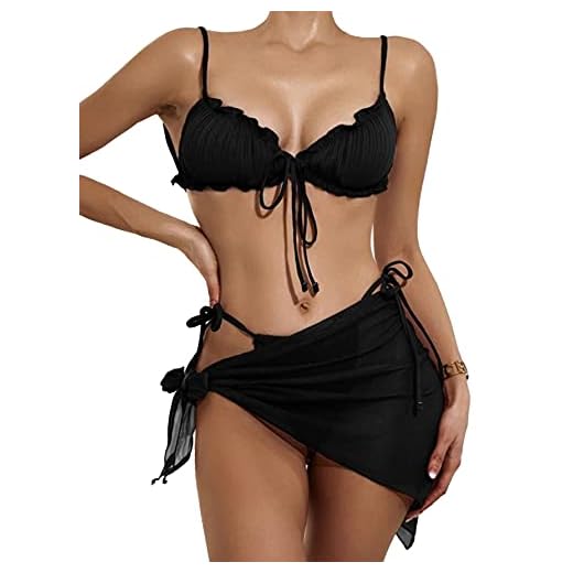 Lilosy Sexy 3 Piece Skirt Cover Ups Bikini Set Ruffle Ribbed G String Tie Triangle Thong Coverups Swimsuit Women High Cut Cheeky Brazilian Bottom Bathing Suit Black Medium