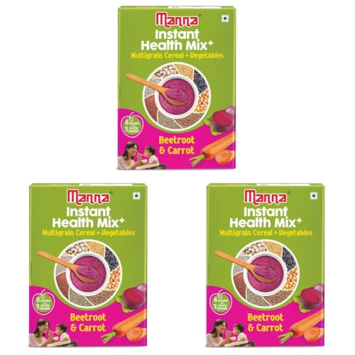 Image of Manna Health Mix Instant Multigrain Cereal, Beetroot & Carrot with Milk.Made with Real Vegetables and 8 super grains and millets. No Added Sugar, No Artificial Color, Flavors 200g (Pack of 3)