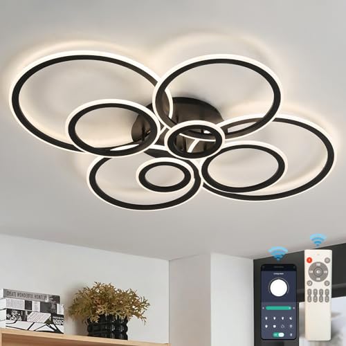 Plafonnier LED dimmable 8 anneaux noirs avec télécommande pour salon