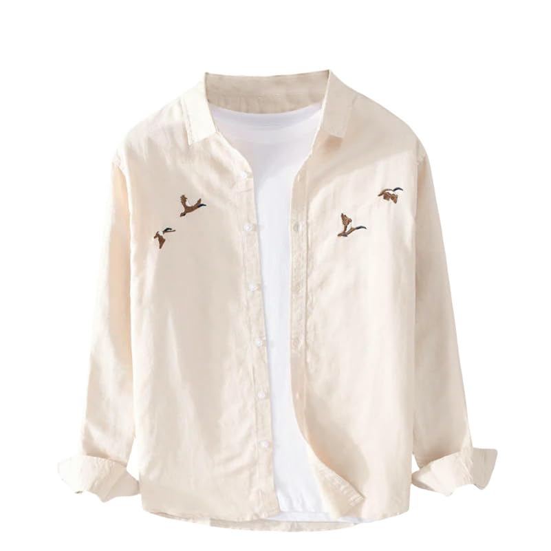 Chemise en lin homme anti-transpiration blouse brodée grise manches longues légère
