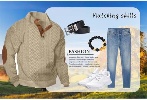 Men's Outdoor Leisure Standing Collar Long Sleeve Jacquard Knitted Pullover Top,Vintage Western Button Up Elbow Patch Sweater4