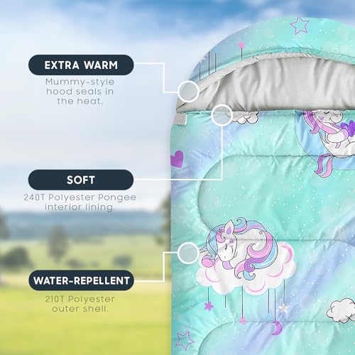 Wake In Cloud - Bolsa de Dormir para Niñas Pequeñas, Camping en Clima Templado, Ligera y Compacta para 3 Estaciones, Diseño Unicornio Arcoíris y Corazones miniatura 3