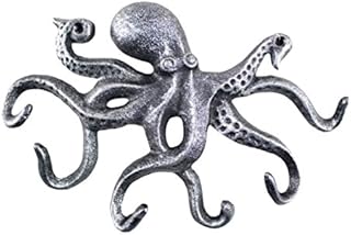 Hampton Nautical Antique Silver Cast Iron Octopus Hook 11 Inch - Decorative Hook - Sealife Metal Wall Hook