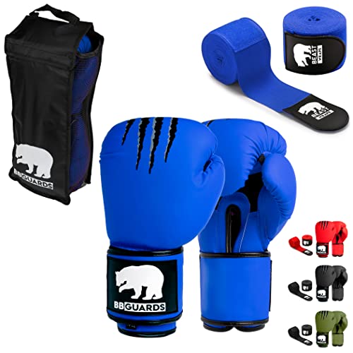 Gants de Boxe Hommes / Femmes (avec Bandages et Sac de Transport). Gants de Boxe 14oz, 16oz et 12oz. Gants Kick Boxing, Muay Thai, fitboxing, MMA, d'entraînement et de compétition (16oz, Bleu) Cover