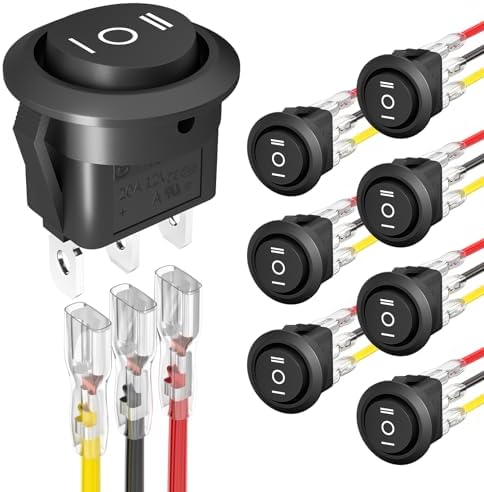 Joinfworld 3 Way Round Rocker Switch 12V, Waterproof 3 Pin 3 Position ON/Off/ON 6A/250V AC 10A/125V DC SPDT Circle Toggle Switch with Wires for Auto Car Marine Boat - 8Pack