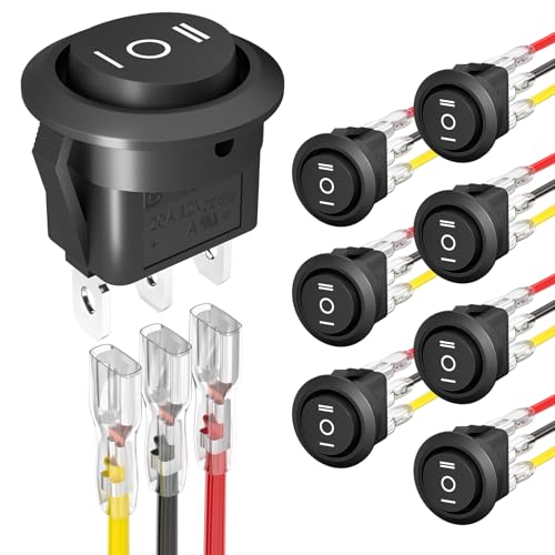 Joinfworld 3 Way Round Rocker Switch 12V Waterproof 3 Pin 3 Position ON/Off/ON 6A/250V AC 10A/125V DC SPDT Circle Toggle Switch with Wires for Auto Car Marine Boat - 8Pack