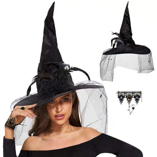 FORMIZON Halloween Sombrero de Bruja y Pulsera Gótica, Sombrero de Vampiro con Bordado de Araña Negro, Sombrero de Zombie Sexy, Accesorios de Bruja para Halloween, Carnaval y Cosplay Maleficent