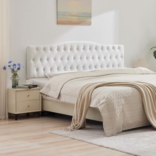 Iroomy Upholstered Full Headboard, Button Diamond Tufted Headboard with Adjustable Height and Solid Wood Leg, Velvet Padded Headboards for Full Size Bed, Modern Head Board, White
