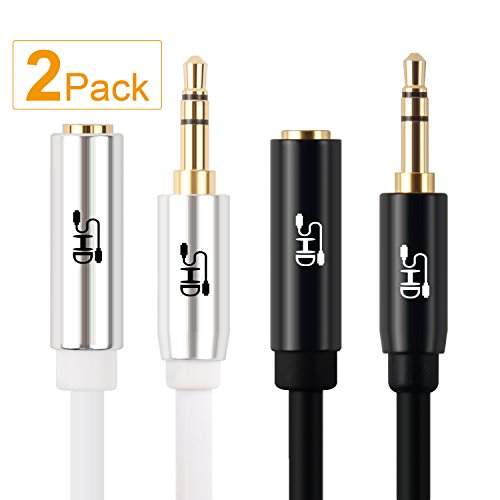 SHD 3.5mm Extension Cable Aux Cord Stereo Audio Cable Male to Female Type Gold Plated Step Down Design Metal Connectors with High Purity OFC Conductor White and Black-4Feet 2Pack
