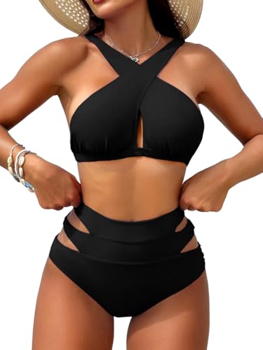 Kaei&Shi Bikini Sets for Women Full Coverage Bottoms,High Waisted Bathing Suit,Cut Out Criss Cross Two Piece Swimsuits