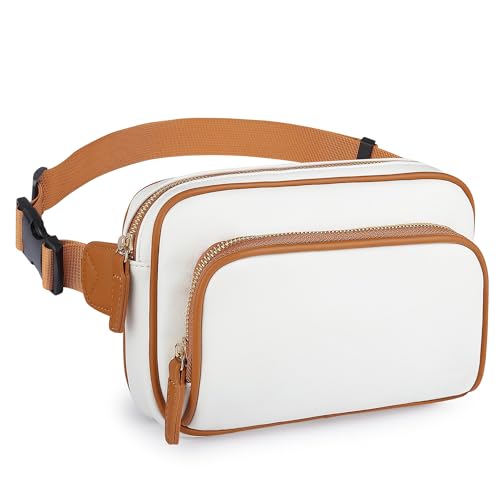 AIJCOR Fanny Packs for Women, Leather Fanny Pack Belt Bag for Women with Multi-Pockets Card Slots Adjustable Strap, White Fanny Pack Crossbody Fashion Waist Packs for Disney Running Travel or Everyday