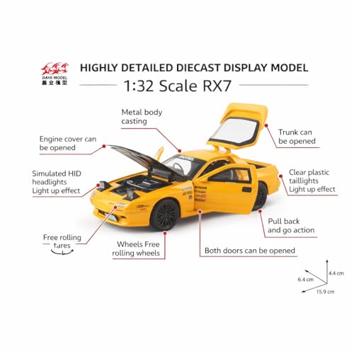 Image of Invite 1:32 Scale Mazda RX-7 Diecast Model Car with Sound & Light, Alloy Pull Back Toy Car, Openable Doors, Collectible Mini Car Gift for Kids Boys Girls (1:32 Mazda RX-7[Yellow])