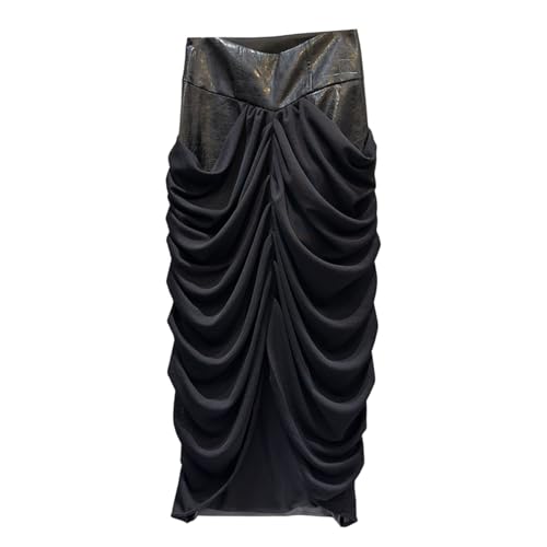 Women's PU Leather Patchwork Pleated Maxi Skirt Mesh Tulle Split Elegant High Waisted Casual Pencil Skirt