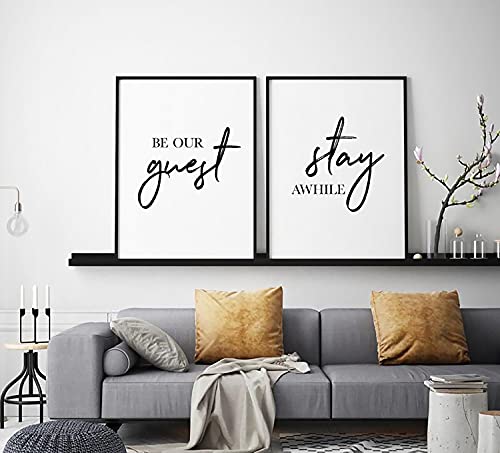 Be Our Guest Sign Wall Decor For Guest Room Minimalist Wall Art Stay Awhile Signs For Home Decor Modern Canvas Prints Black And White Poster For Livingroom Wall Decor Set Of 2(12X16 Inch) (Unframed) #TOP1