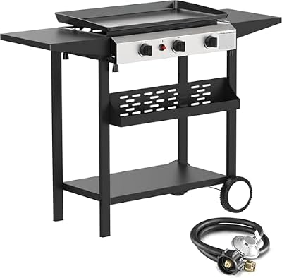 ADREAK 3 Burner BBQ Gas Griddle, 25.6 Inch Stainless Steel Portable Detachable Propane Griddle, 30,000 BTU Flat Top Barbecue Grill with Side Shelves for Camping