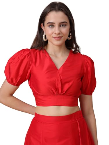 Image of Frolic Rolic Premium Silk V-Neck Blouse Readymade Saree Blouse - Designer Puff Sleeve Blouse for Wedding