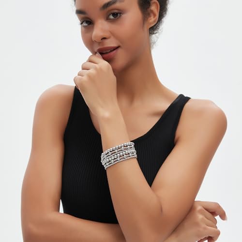 Gold Silver Bracelets for Women,Stackable Bead Ball Bracelets 14K Gold Plated Beaded Bracelet Adjustable Elastic Jewelry2