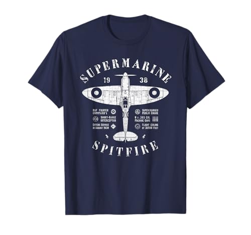 909 Apparel | Camiseta Tema Aviación Spitfire RAF Avión de Caza Británico Supermarine de WWII Azul Talla S Unisex Niños