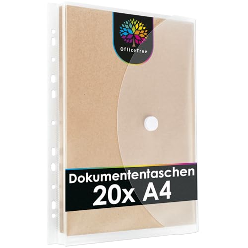 OfficeTree 20 x Dokumententasche A4 Abheftbar mit 120 Lochverstärker - Folientasche A4 - Dokumentenmappe A 4 zum Abheften - Klarsichthüllen mit Klettverschluss und Abheftrand