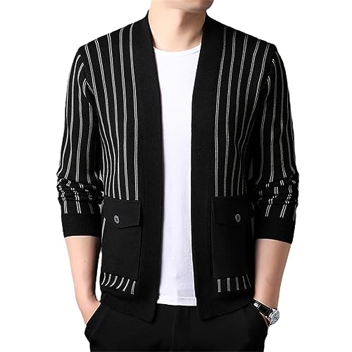 Suéter masculino primavera e outono tricotado listras verticais casaco cardigã casual roupas de mang