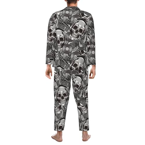 Retro Electric Guitar Skulls Rock Music Mens Pajamas Set Button Down Sleepwear Set Long Sleeve Loungewear With Pockets2