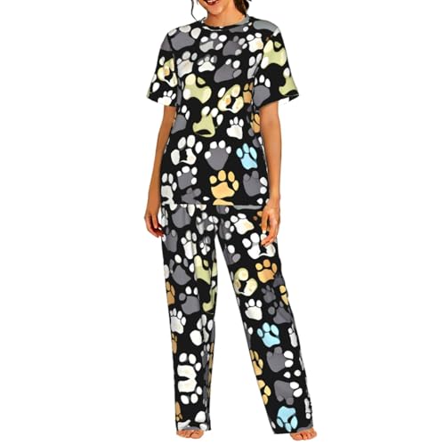 Pyjama doux imprimé pattes de chien ensemble vêtement de nuit relax femme