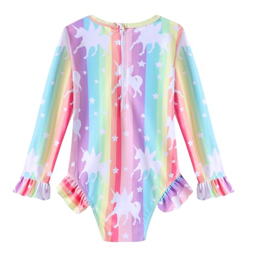 Toddler Girls Long Sleeve Swimsuit One Piece Ruffle Zipper Rash Guard Bathing Suit UPF 50+ Kid Swimwear 1-6 Years2
