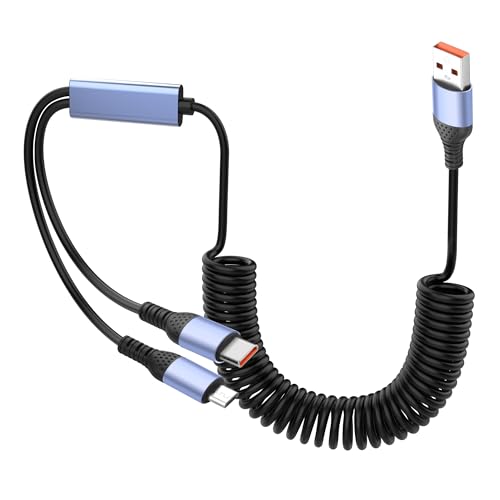 YACSEJAO Câble spiralé rétractable USB A/C 2 en 1 66 W avec port micro USB de type C pour téléphones portables, ordinateurs portables, câble à ressort...