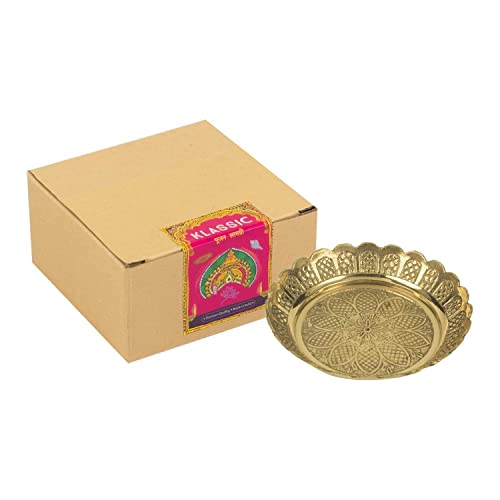 Image of Klassic Small Brass Puja Thali /Bhog Thali for Mandir with Flower Engraved Design for Home & Temple Decoration & Gifting (Gold, 4 Inch, Pack of 4)