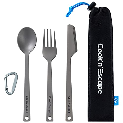 COOK'N'ESCAPE Titanium Camping Cooking Utensils Set, Camping Spoon Fork Knife Combo Flatware Set, Lightweight Spork with Carabiner Clip for Kitchen Travel Picnic Hiking Backpacking Outdoors