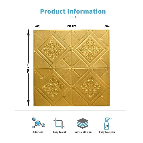 Image of STL 3D Brick Wallpaper - Self-Adhesive PE Foam Wall Stickers, DIY Home, Hotel, Living Room & Bedroom Decor (70 x 77cm, Approx. 5.8 Sq Ft), Golden